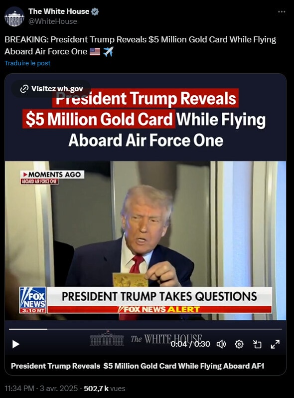 À bord 'Air Force One, le président Donald Trump a annoncé le lancement imminent de sa nouvelle Gold Card, un visa à 5 millions de dollars destiné aux investisseurs étrangers souhaitant s’installer aux États-Unis.