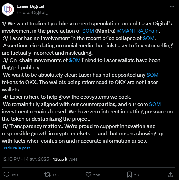 Les équipes de Laser Digital, de Nomura Group, nient avec fermeté toute implication dans la chute spectaculaire du jeton Mantra (OM) le 13 avril dernier. Le mystère reste donc entier...
