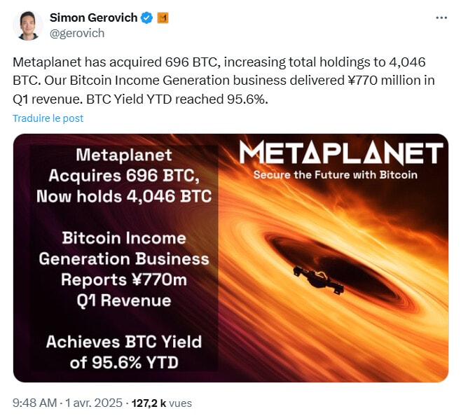 Metaplanet continue de faire grossir son trésor en Bitcoin.