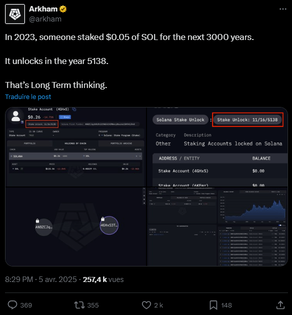 Un investisseur a déposé 0,05 SOL en staking pour une durée de 3 115 ans afin de mettre sa descendance à l'abri du besoin. Voilà une manœuvre plutôt originale !