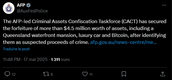 La police fédérale australienne a saisi une maison de luxe, une voiture et 25 bitcoins dans le cadre d'une enquête sur plusieurs activités criminelles menant à un certain Shane Stephen Duffy, habitant du Queensland.