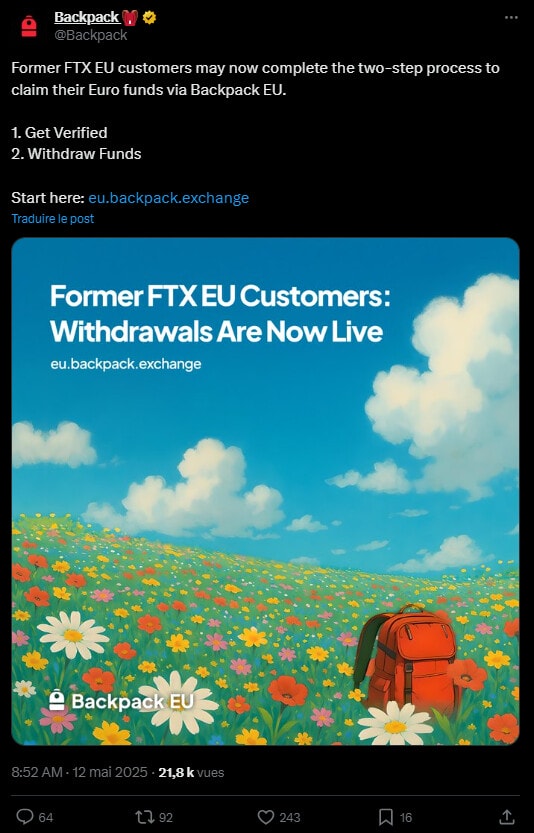La plateforme crypto allemande Backpack Exchange a annoncé le 12 mai 2025 que les anciens clients de FTX EU pouvaient désormais retirer leurs fonds.