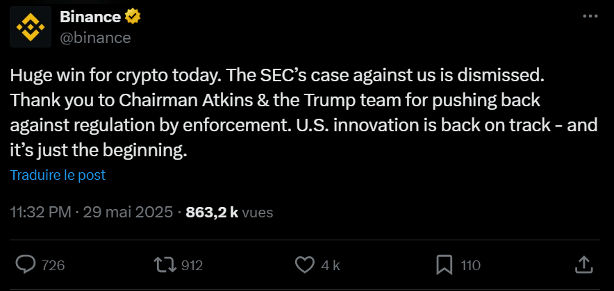 Dans une motion conjointe déposée le 29 mai, la SEC, Binance et son cofondateur Changpeng Zhao ont demandé à un tribunal fédéral de Washington D.C. de rejeter la plainte déposée par le régulateur en juin 2023