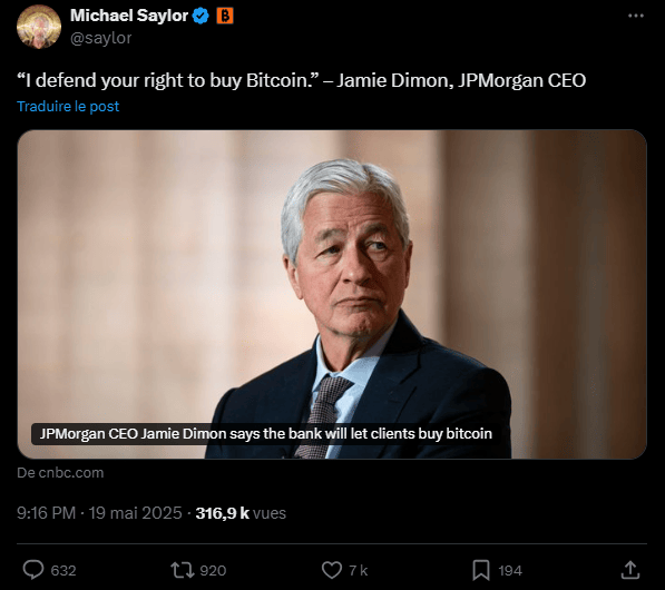 JPMorgan, la plus grande banque américaine, a annoncé qu’elle permettrait bientôt à ses clients d’acheter du bitcoin et cela amuse le patron de Strategy qui y voit un retournement de veste en bon et due forme !