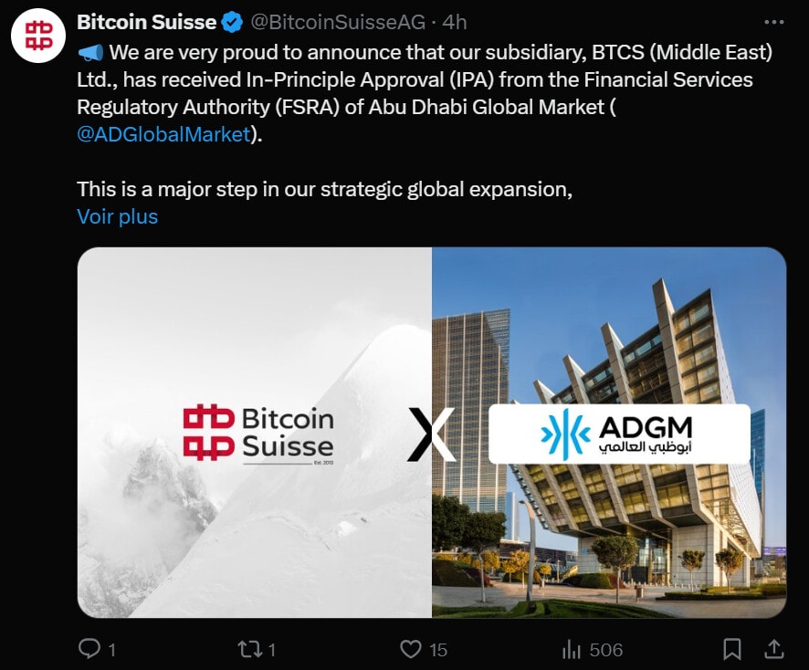 La société Bitcoin Suisse, spécialisée dans les services financiers liés aux cryptomonnaies, a récemment obtenu une approbation de principe de la part de l’Autorité de régulation des services financiers (FSRA) d’Abu Dhabi.