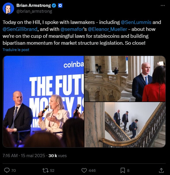 Le vote du GENIUS Act pourrait avoir lieu cette semaine au Sénat américain, selon les déclarations de Brian Armstrong, PDG de Coinbase. Une avancée majeure pour la crypto made in US ?