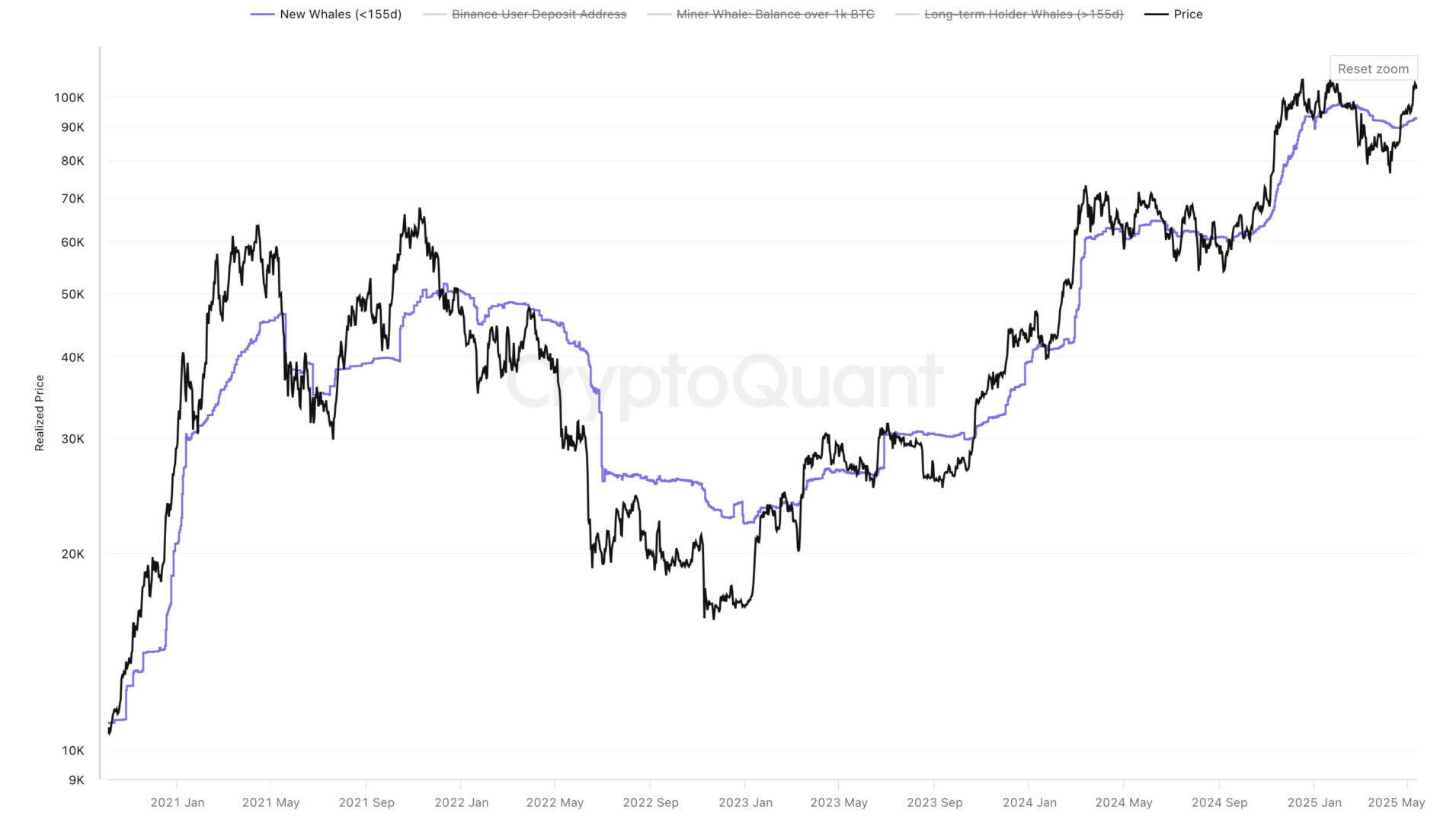 Le cours du Bitcoin évolue au-delà du prix moyen d'achat des nouvelles whales - 15 mai 2025.