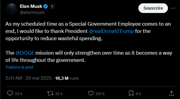 Après 130 jours passés à essayer de réduire les dépenses fédérales avec un bilan plus que mitigé, Elon Musk vient d'annoncer - comme prévu - qu’il quitterait très prochainement ses fonctions politiques.