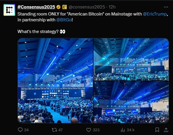 Eric Trump, le fils du président, affirme que tout le monde essaie d'accumuler du BTC sur la scène de Consensus 2025.