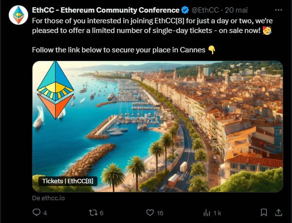 Du 30 juin au 3 juillet 2025, l’élite de la blockchain se donne rendez-vous à Cannes pour la huitième édition de l’Ethereum Community Conference — EthCC[8] - organisée par Ethereum France