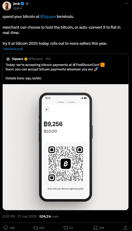 Le 27 mai, à l’occasion de la conférence Bitcoin 2025, Jack Dorsey et sa société Block ont annoncé que la solution de paiement Square allait accepter les paiements en Bitcoin. Évidemment.