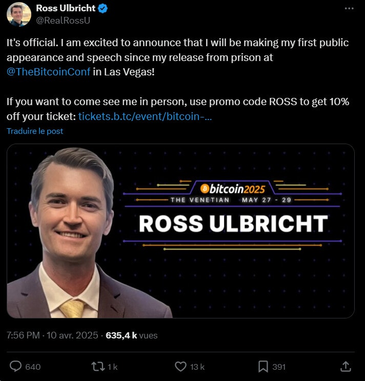 Jeudi 29 mai, Ross Ulbricht a pris la parole lors de la conférence Bitcoin 2025 à Las Vegas. Il s’agit de sa première prise de parole publique depuis sa sortie de prison en janvier dernier.