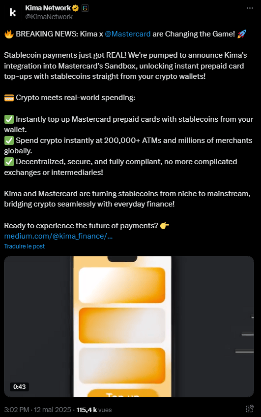 Kima et Mastercard s'associent pour simplifier les paiements en stablecoins à travers des cartes prépayées en USDC ou USDT.