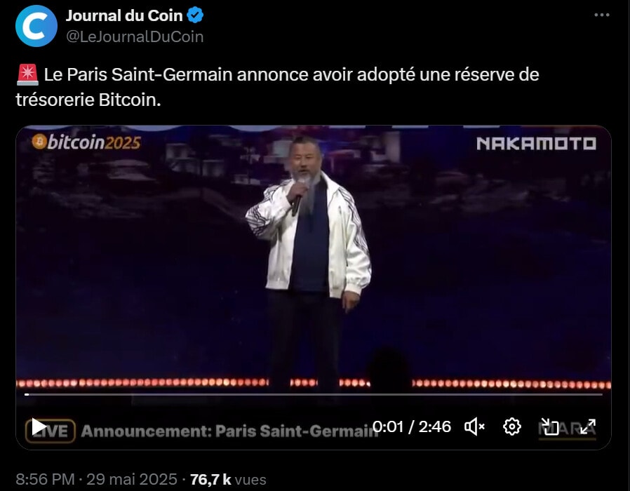 À l’occasion de la conférence Bitcoin 2025 qui se tient actuellement à Las Vegas, Pär Helgosson, le responsable de PSG Labs a annoncé que le club possédait des bitcoins dans sa trésorerie.