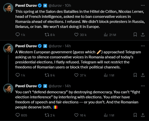 Pavel Durov a révélé qu’un gouvernement d’Europe occidentale, qu’il a subtilement désigné par un émoji baguette - et qui pourrait donc être la France - aurait demandé à Telegram de censurer des contenus politiques avant les élections en Roumanie. La France affirme que tout ceci est faux mais le doute subsiste.