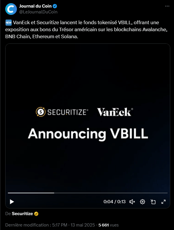 VanEck et Securitize lançent un nouveau fonds baptisé VanEck Treasury Fund Ltd. (VBILL).