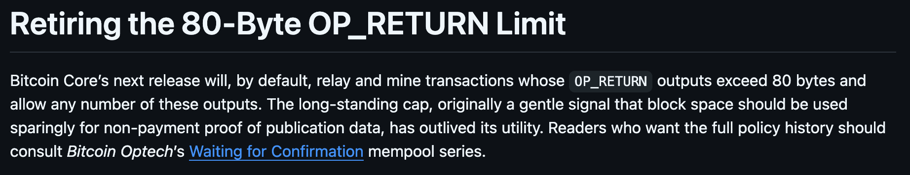 Bitcoin Core annonce la suppression de la limite de l'OP_RETURN