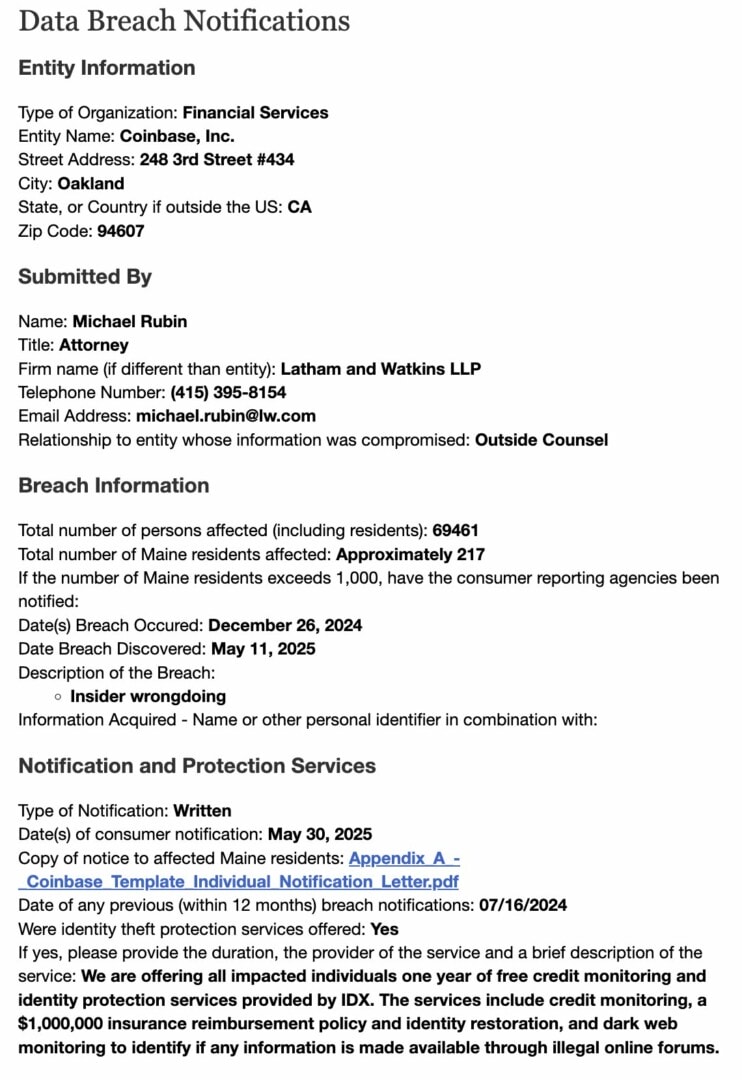 Document d'information sur la fuite subie par Coinbase