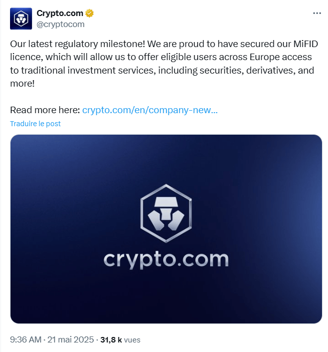 Crypto.com obtient sa licence MiFID en Europe.