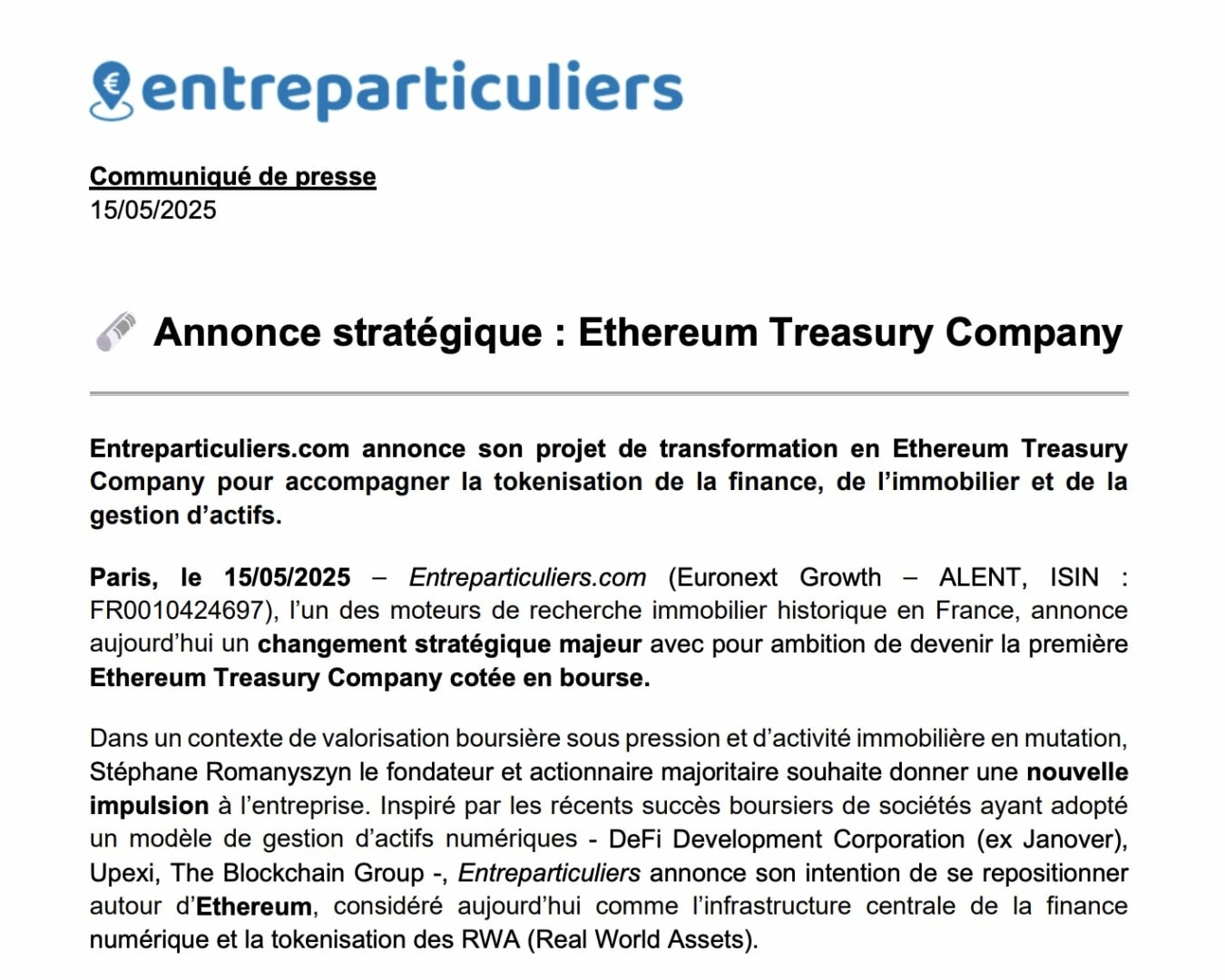Entreparticuliers annonce Entreparticuliers ETH