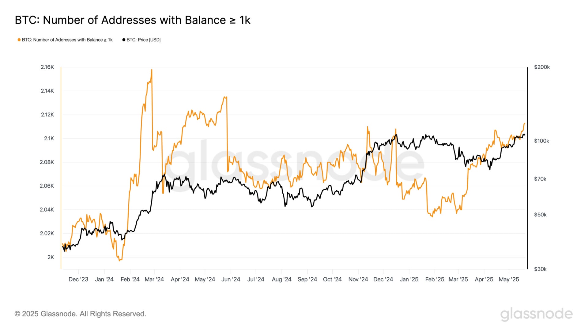 Les adresses qui ont plus de 1 000 BTC en portefeuille accumulent des bitcoins - 22 mai 2025.