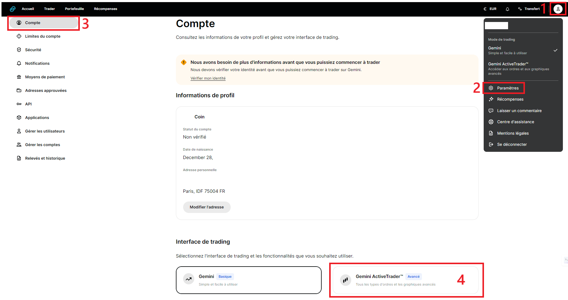 Démarche à suivre pour activer Gemini Active Trader