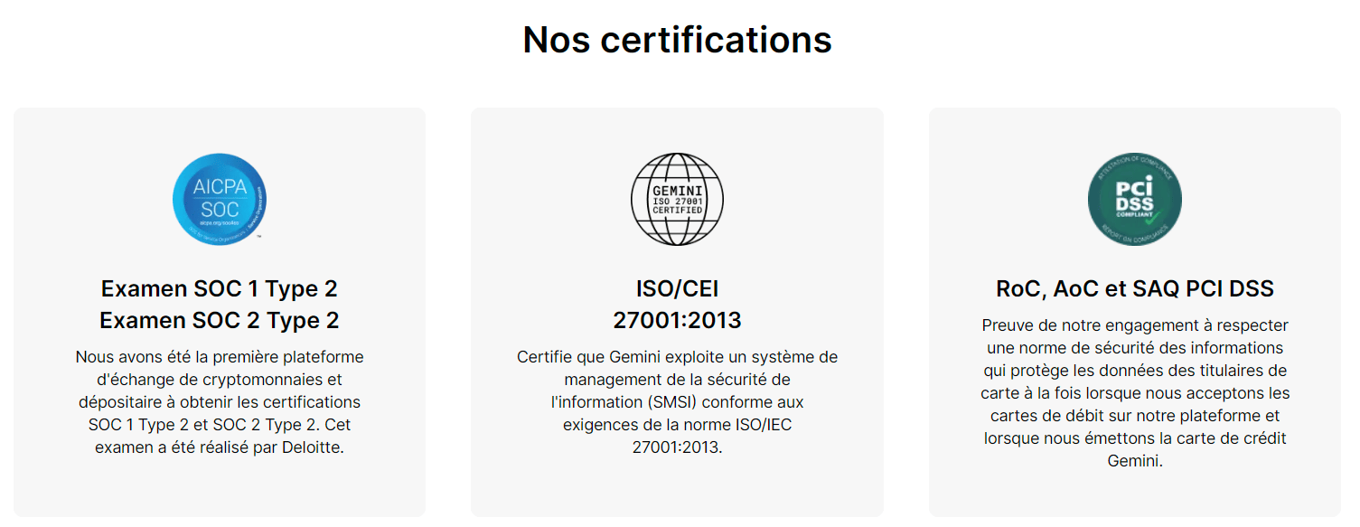 Listes des certifications détenues par Gemini