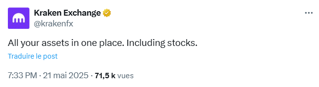Kraken va également proposer les actions cotées classiques sur sa plateforme.