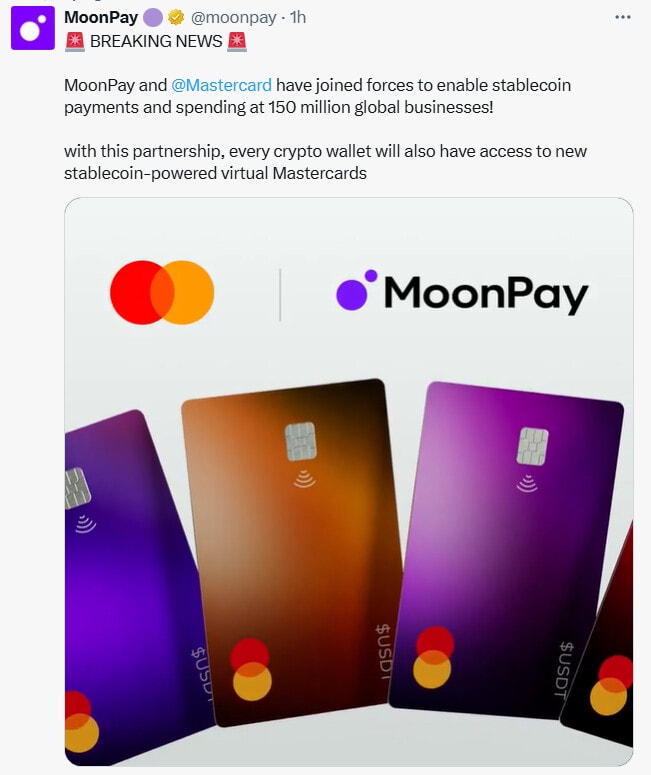 Mastercard et MoonPay s’associent pour lancer une carte de paiement en stablecoins.