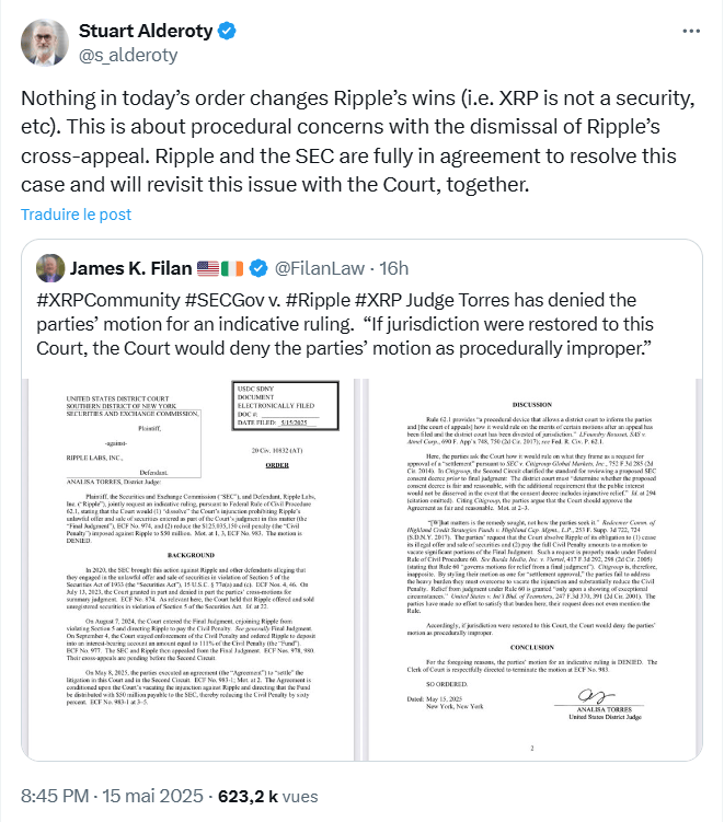 Ripple et la SEC voient rejeter leur demande commune de clore l’affaire XRP pour des raisons de procédure.