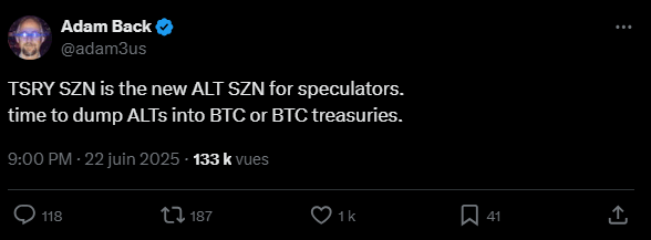 Adam Back, cofondateur et PDG de Blockstream, a récemment déclaré que la tendance des trésoreries Bitcoin était la « nouvelle saison des altcoins » pour les spéculateurs. Selon lui, il est temps de vendre ses altcoins pour acheter du BTC ou investir indirectement dans des entreprises qui détiennent du Bitcoin.