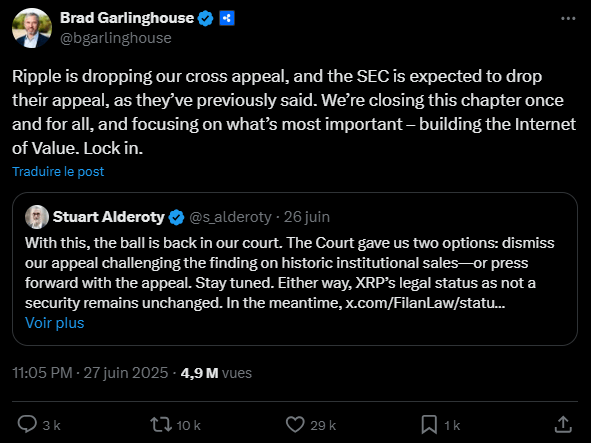 Dans un message publié sur les réseaux sociaux, Brad garlinghouse a annoncé que Ripple renonçait à son appel croisé et qu’il était temps de tourner la page sur cette affaire. Il a également déclaré vouloir se concentrer sur ce qui est le plus important pour son entreprise : « construire l’Internet de la valeur ».