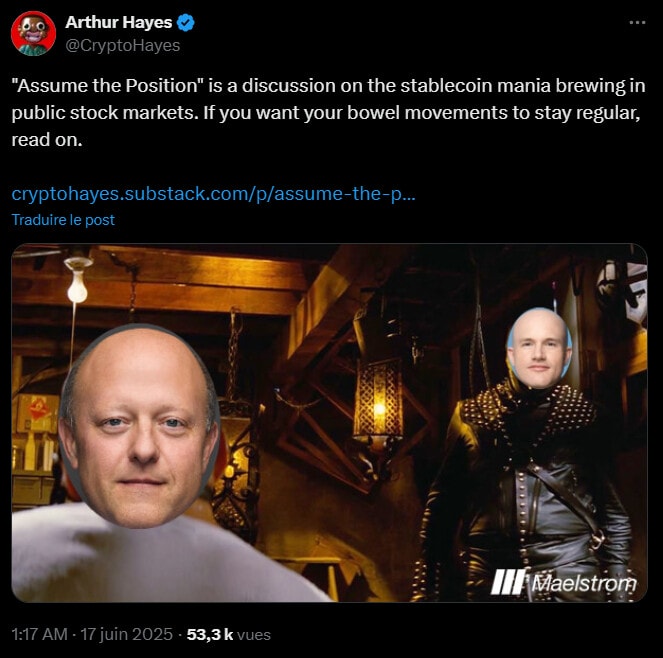 Dans une publication parue ce 16 juin, Arthur Hayes explique que le succès de l’IPO de Circle va probablement entraîner une vague d’introductions en bourse d’émetteurs de stablecoins.
Mais le cofondateur de la plateforme BitMEX met en garde contre cette mode, car selon lui, même l’action CRCL de Circle est déjà surévaluée et l'explosion de bulle pourrait intervenir prochainement.
