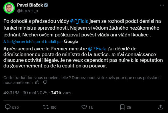 Le ministre de la Justice tchèque, Pavel Blazek, a démissionné après avoir accepté un don controversé de 45 millions de dollars en Bitcoin de la part de Tomas Jirikovsky, un criminel condamné