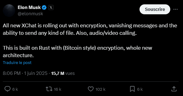 Le 1er juin, Elon Musk a annoncé le déploiement d’une nouvelle fonctionnalité sur X : XChat. Selon les informations partagées par le PDG, il s’agirait d’une version plus riche en fonctionnalités de la messagerie privée de la plateforme.