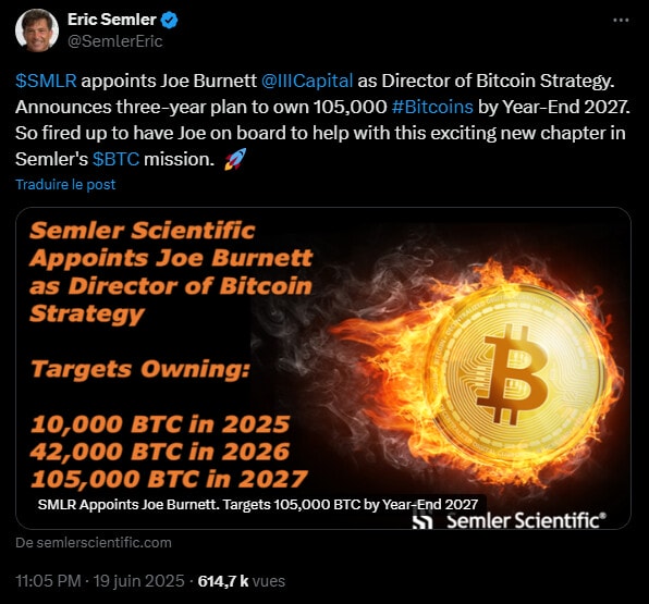 Dans une récente interview avec Natalie Brunell, Eric Semler a déclaré que de nombreux fonds spéculatifs considèrent toujours Bitcoin comme un « concept éphémère » qui pourrait perdre de sa valeur après l’administration Trump. Mais lui, il continue à en accumuler de manière massive !!