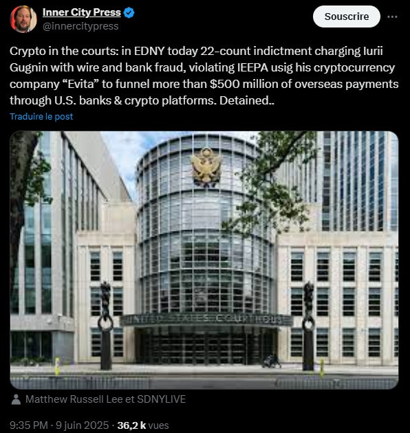 Le Département de la Justice (DoJ) a porté plainte contre Iurii Gugnin, le fondateur de la société de paiement en crypto Evita Pay. Il est accusé d'avoir blanchi de l’argent en provenance de banques russes sous sanction et d'avoir facilité l’achat de technologies sensibles pour des entreprises russes.