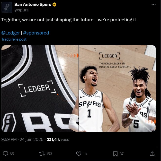 La société française Ledger, spécialisée dans les portefeuilles matériels pour cryptomonnaies, vient d’annoncer un partenariat majeur avec l’équipe de basket-ball de la NBA, les San Antonio Spurs.
