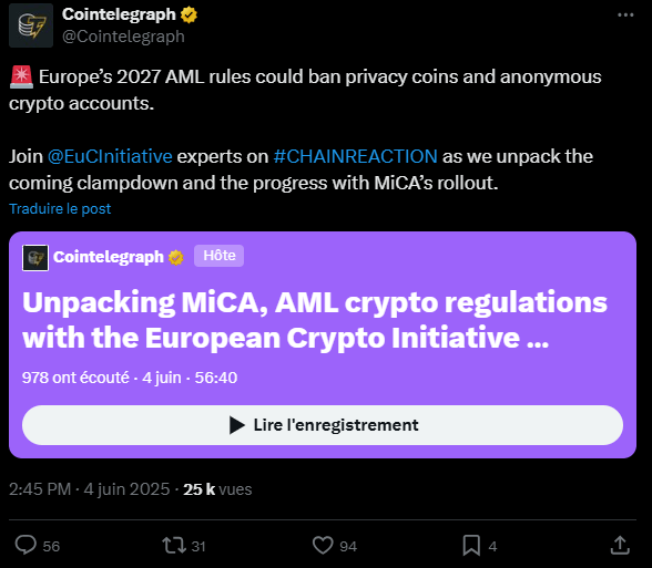Lors d’une récente intervention dans le cadre de l’émission Chain Reaction X Spaces de Cointelegraph, Vyara Savova, responsable de la politique de la European Crypto Initiative (EUCI), a déclaré que les protocoles DeFi restaient dans une sorte de flou juridique et qu’il faudrait s’y intéresser rapidement.