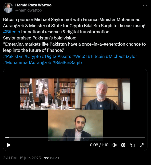 Le ministre des Finances, Muhammad Aurangzeb et Bilal Bin Saqib, ministre d'État du pays chargé de la blockchain et de la crypto ont discuté avec Michael Saylor, de Strategy. Les trois hommes se sont entendus pour travailler ensemble et bâtir une politique Bitcoin et crypto pour le Pakistan.
