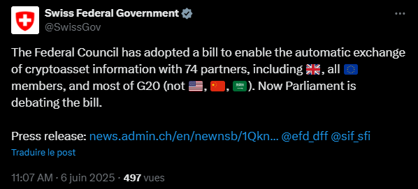 En Suisse, le Conseil fédéral a adopté un projet de loi qui permettra l’échange automatique d’informations (EAI) sur les actifs numériques avec 74 pays partenaires, dont le Royaume-Uni et tous les États membres de l’Union européenne.