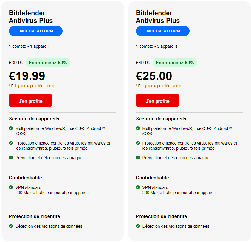 Différentes offres antivirus de Bitdefender