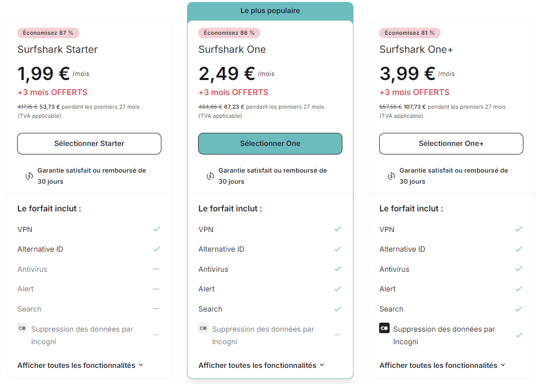 Surfshark VPN propose 3 offres pour convenir à tous.