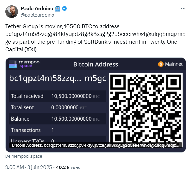 Tether transfère pour près de 4 milliards de dollars de Bitcoin.