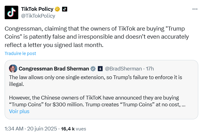 Un membre du parti Démocrate lance des allégations sans preuve contre TikTok et le memecoin Trump.