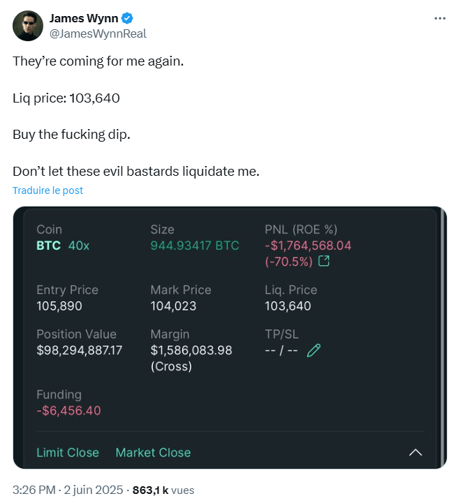 Le trader fou appelle à l'aide après avoir misé 100 millions de dollars sur Bitcoin.