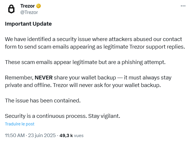 Les utilisateurs de Trezor ciblés par des attaques de phishing.