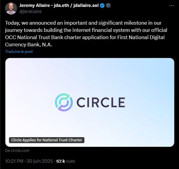 La société Circle, émettrice du stablecoin USD Coin (USDC), vient de déposer une demande pour établir une national trust bank aux États-Unis. Si cette demande est approuvée par le Bureau du contrôleur de la monnaie (OCC), cette nouvelle banque - la First National Digital Currency Bank - serait autorisée à fonctionner comme une institution de confiance réglementée au niveau fédéral et elle pourrait donc gérer les réserves de l’USDC tout comme offrir des services de garde d’actifs numériques à ses clients institutionnels.