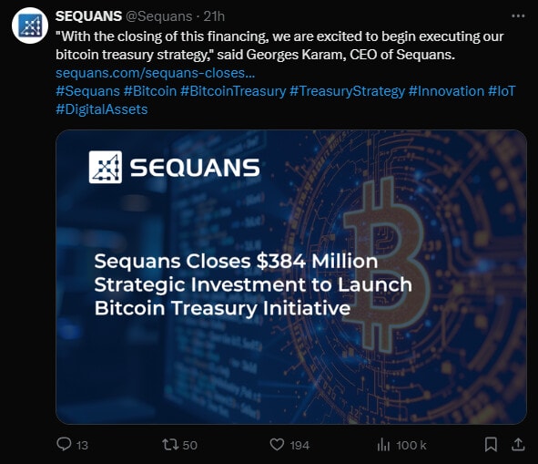 La société Sequans (SQNS) avait annoncé en juin dernier son projet de se constituer des réserves stratégiques en Bitcoin et elle vient de réussir une importante levée de fonds de 384 millions de dollars pour se lancer.