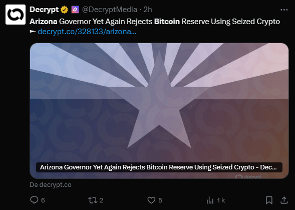 La gouverneure de l’État de l'Arizona, Katie Hobbs, a décidé de mettre son veto sur le projet de loi de réserve en Bitcoin.